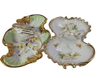 2 Serving Plates Trays Handled Gold Gilt Flower Dresden China