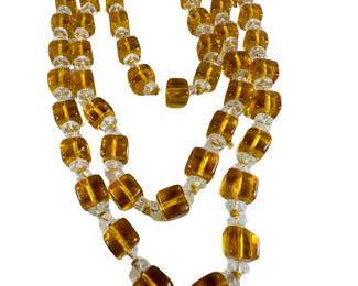 Jewelry: 62" Chunky Square Cube Cut and Round Glass Beads Flapper Style Dice Amber