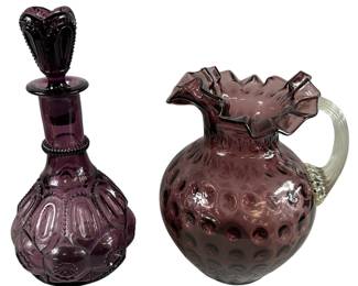 Moon & Stars Decanter Lidded Thumbprint Ruffled Pitcher Applied Handle Amethyst Art Glass Murano Pur