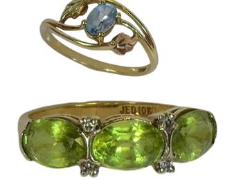 Fine Jewelry: 2 Gemstone Rings Black Hills Gold with Blue Stone & 3 Green Stone both 14KT Gold