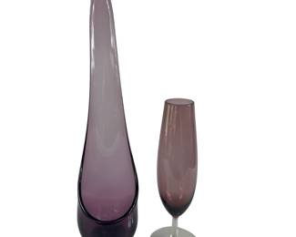 16" Pulled Candle Holder MCM Clear Base Vase Amethyst Hand Blown Art Glass Murano Purple