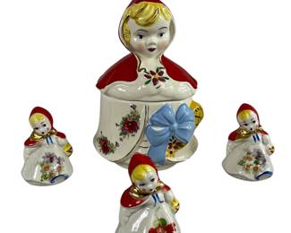 Little Red Riding Hood Cookie jar + Salt Peppers HULL Ware Story Book Blue Bow