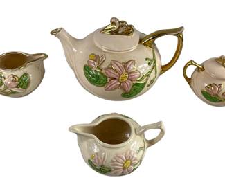 Magnolia Pattern Teapot Sugar Creamer Set Hull Pottery Gold Trim