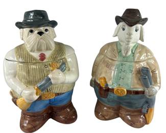 Pair Wild Bull Bill Hickock & Sundance Kid Dogs Western Wear Gunslingers Cookie Jars HH&D