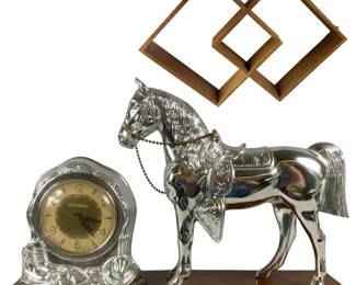 Vintage Silver Horse Figure Original Breyer Figure with Clock & Diamond Shaped Wall Decor Shelves