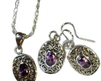 Amethyst Stone Necklace Pendant & Pierced Earrings Set 23" Chain 925 Sterling French H
