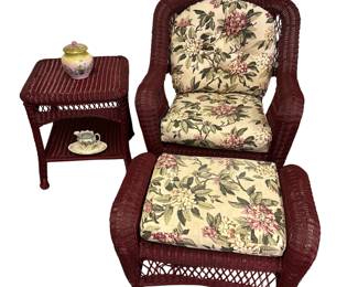 Burgundy Wicker Chair & Footstool Floral Azalea Upholstery Cushions