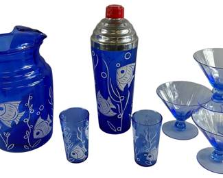 Hazel Atlas Blue Cobalt Glass Martini Shaker Pitcher Tumblers Optic Martinis Mid-Century Modern MCM