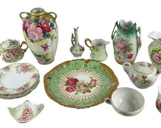 Beautiful Green Pink Roses Ceramic China Sugar Creamer Pitchers Vases Plates Lefton Japan Germany LO