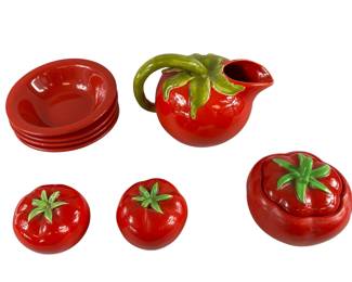 Tomato Figural Pitcher Sugar Salt Pepper + Bowls Pantry Parade ITI China