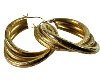 Fine Jewelry: Hinged Hoop Pierced Earrings Triple Tubular Engraved Texture 14KT Gold