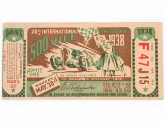 Indianapolis 500 memorabilia, including vintage Indy 500 tickets from 1938