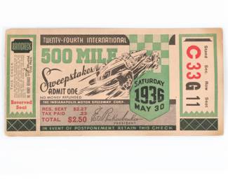 Indianapolis 500 memorabilia, including vintage Indy 500 tickets from 1936