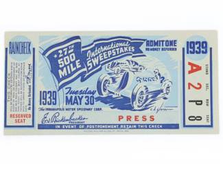Indianapolis 500 memorabilia, including vintage Indy 500 tickets press pass from 1939