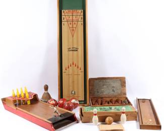 Lot 72
Collection of vintage wooden games: bowling, shuffleboard 47"H x 13"W (largest board)