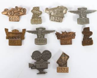 Lot 30
Collection of 10 Indianapolis Motor Speedway 1960's Bronze & Silver pit badges 1 3/8"H x 1 1/4"W (largest)  Collection of 10 Indianapolis Motor Speedway 1960's Bronze & Silver pit badges
This collection features 10 Indianapolis Motor Speedway pit badges from the 1960s, made of bronze and silver. The set includes badges from the years 1960 bronze, 1962 bronze, 1963 silver, 1964 bronze, 1965 Silver (x2) , 1966 Bronze, 1967 Bronze, 1968 Silver, and 1969 Silver. Each badge represents a piece of racing history, showcasing the iconic Speedway and the thrilling races that took place during that era. Crafted with attention to detail, these badges are a must-have for any motorsport enthusiast or collector. Whether displayed in a showcase or added to a collection, these Indianapolis Motor Speedway pit badges offer a unique glimpse into the past and celebrate the rich heritage of American motorsports.