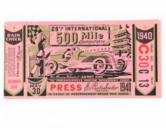Indianapolis 500 memorabilia, including vintage Indy 500 tickets from 1940 press pass