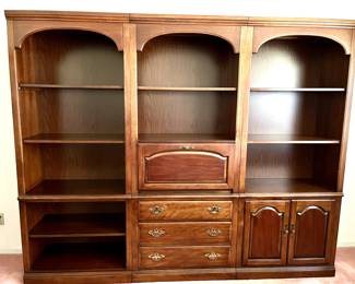 3 piece mahogany library bookcase set with storage & built in writing desk. Each unit is 32 inches wide & 79 inches tall 