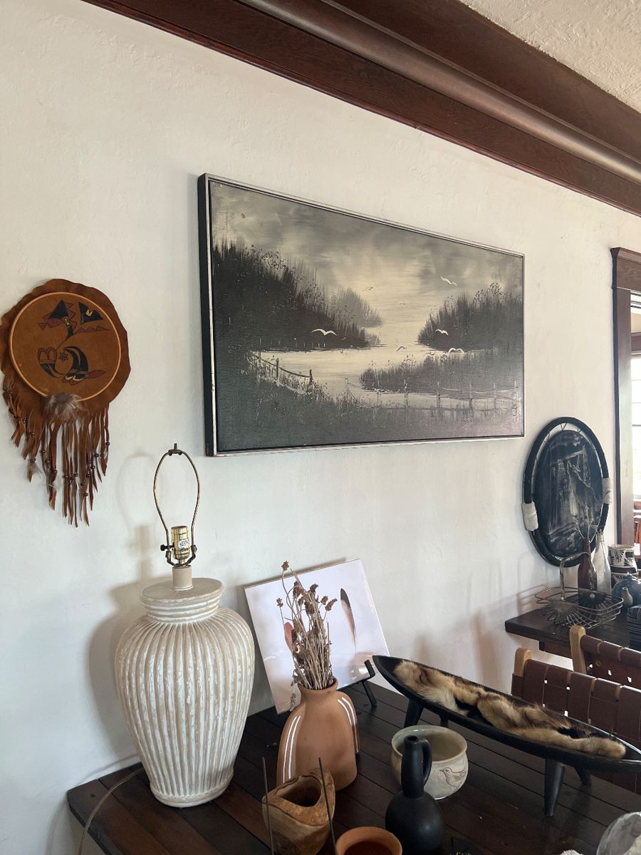 Vintage painting & lamp, small maker decor items