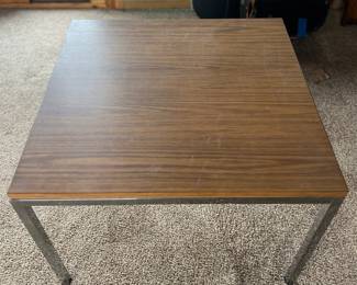 Mid century modern table 30x30 20” height chrome base wood grain laminate top Knoll Design