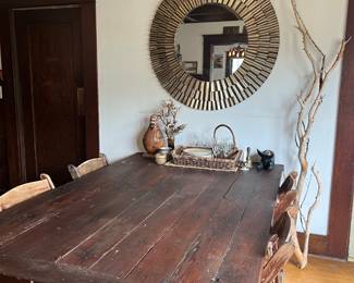 Beautiful Wood Farmhouse Table 6ft c 4.5ft metal legs refurbished wood top, wheels. 
