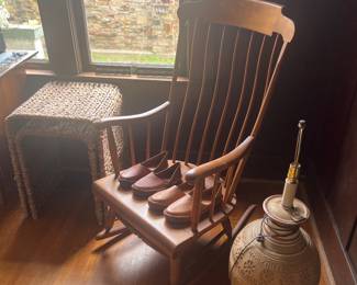 Vintage rocking chair, Vibtage ceramic lamp and vintage nesting tables