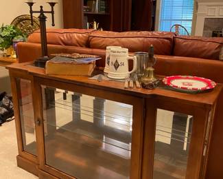 Glass Curio Cabinet, walnut with sliding doors