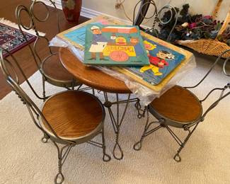 Childs antique ice cream parlor set and assortment of vintage wooden puzzles