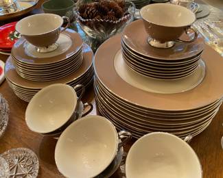 Flintridge china set, cocoa, platinum trim, made in California