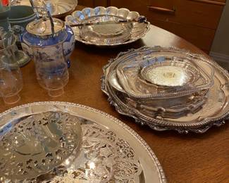 Assortment of silver plate serving pieces
