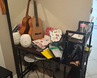 Desk, mirror, guitar, gift bags