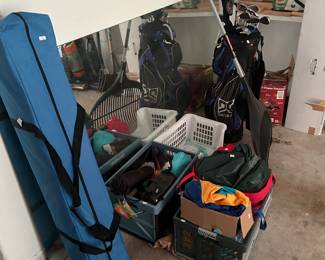 Canopy, pool floats, golf clubs