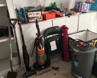 Vacuums, hand tools, trash can, folding chairs, painting supplies, 