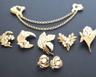 Vintage Signed Trifari Faux Pearl Gold Tone Pins