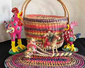 Vintage Folk Art Pottery Chickens Baskets