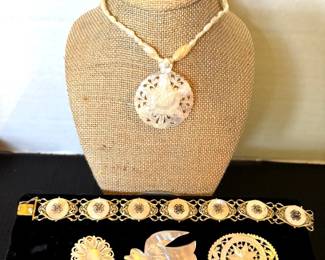Vintage Sterling Necklace Signed, Mother of Pearl Bracelet, Carved Jerusalem Pins