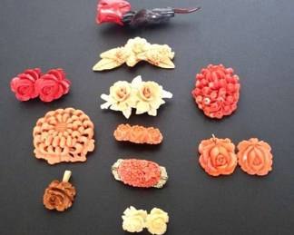 Vintage Coral Color Celluloid Earrings Pins 