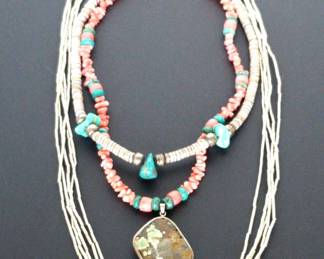 Vintage Native American Liquid Silver, Turquoise, Coral Necklaces