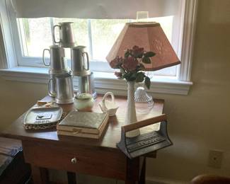 pewter mugs, oak table and other items