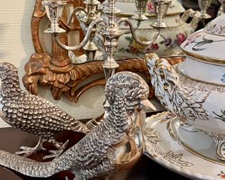 Antique Pair 15" Long Silver Plate Pheasant Sculpture Figures 1890-1920 P.N.C.W RETAIL FOR THESE IS MORE THAN $2000!