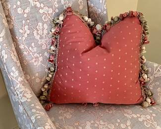 Recently upholstered antique wingback captains chairs! This fabric is a silvery linen and silk with pinkish dogwood blooms