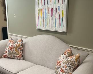 Bench made, custom linen and silk sofa in a beautiful ivory/taupe