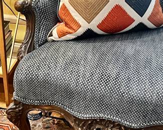 THIS SOFA! A work of art 8 feet long purchased at the Chicago World’s Fair in 1933 by the parents and the homeowner recently had the entire sofa redone in a gorgeous cut out navy velvet geometric.