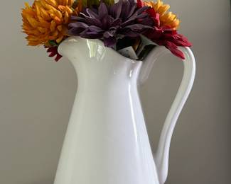 White Ceramic Pitcher with Faux Flowers 