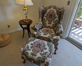 Queen Anne uphostered chair with foot stool
