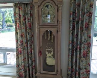 Sligh Grandfather clock. All window coverings are for sale.