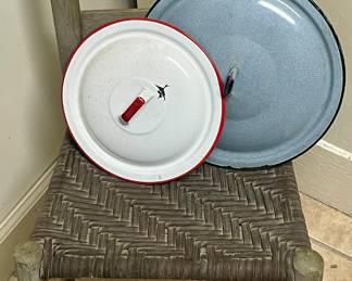 ANTIQUE CHAIR, ENAMEL LIDS