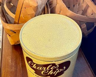 BASKETS, VINTAGE CHARLES CHIPS TIN