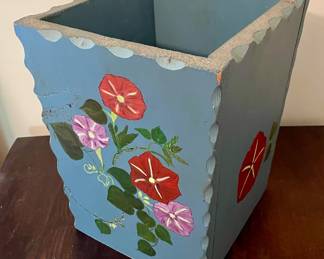 PAINTED WOODEN WASTEBASKET