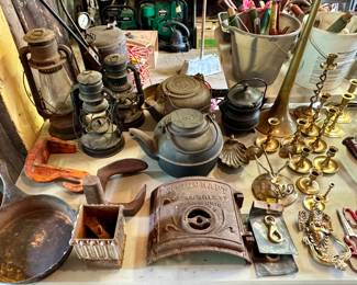 Cast Iron Skillet, Cast Iron Kettles, Brass Candle Holders, Vintage Lanterns